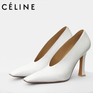 Celine White Leather Heels with Squared Toe